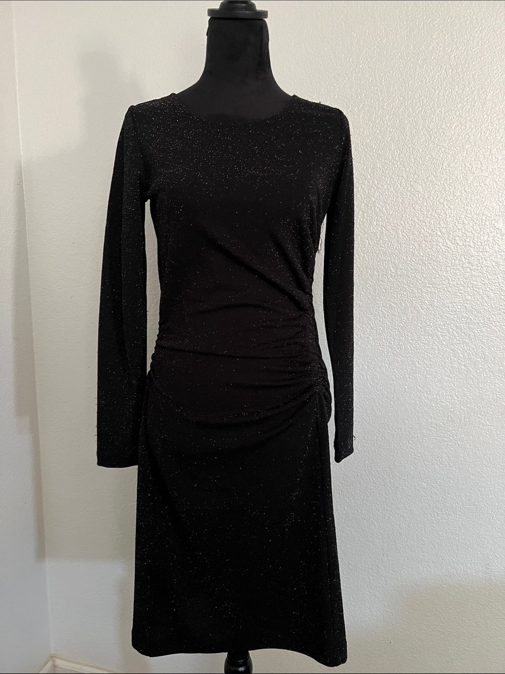 LOFT Black Long-Sleeve Sparkle Ruched Midi Dress